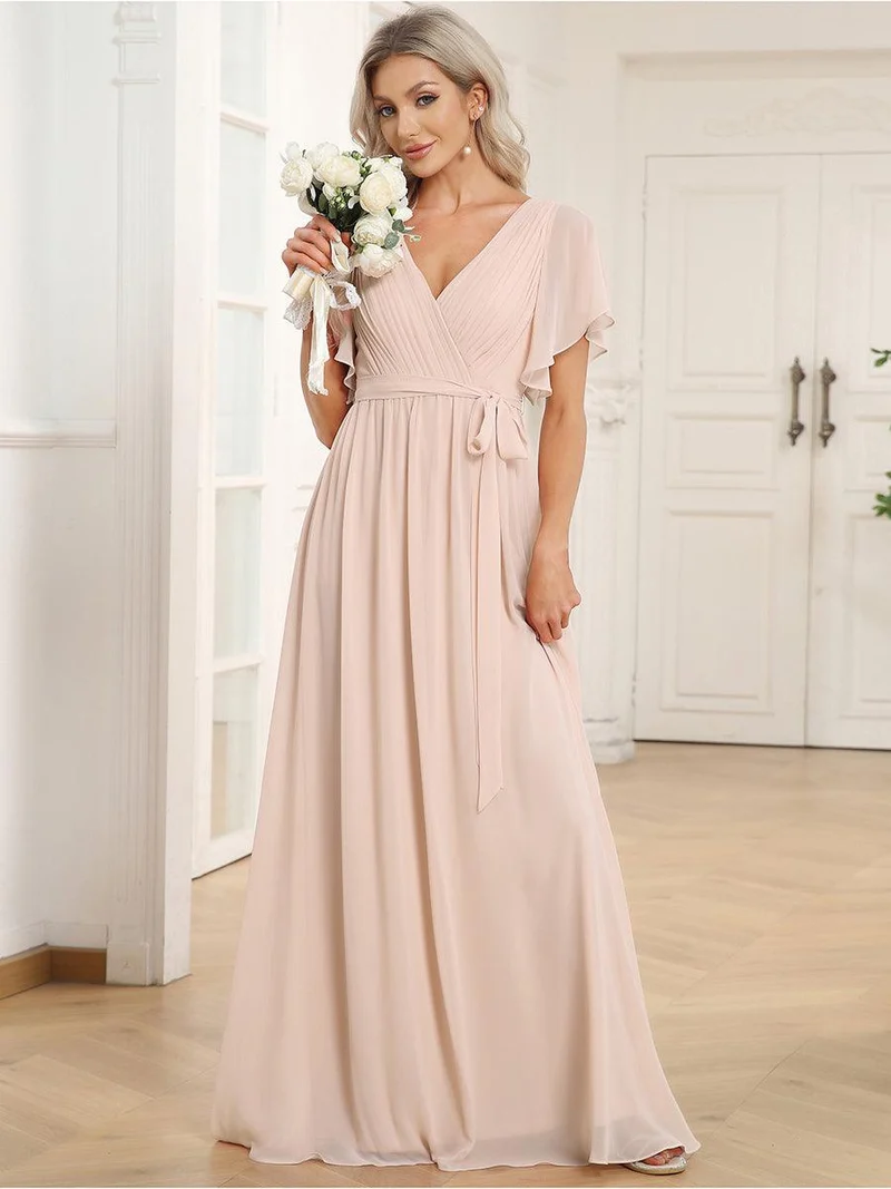 ever LEORA|Robe de soirée en mousseline de soie à col V et à manches flottantes