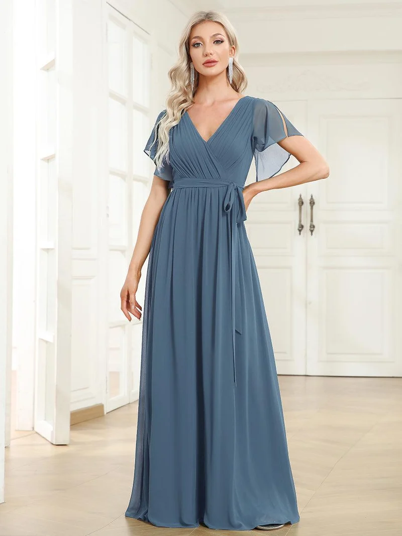 ever LEORA|Robe de soirée en mousseline de soie à col V et à manches flottantes