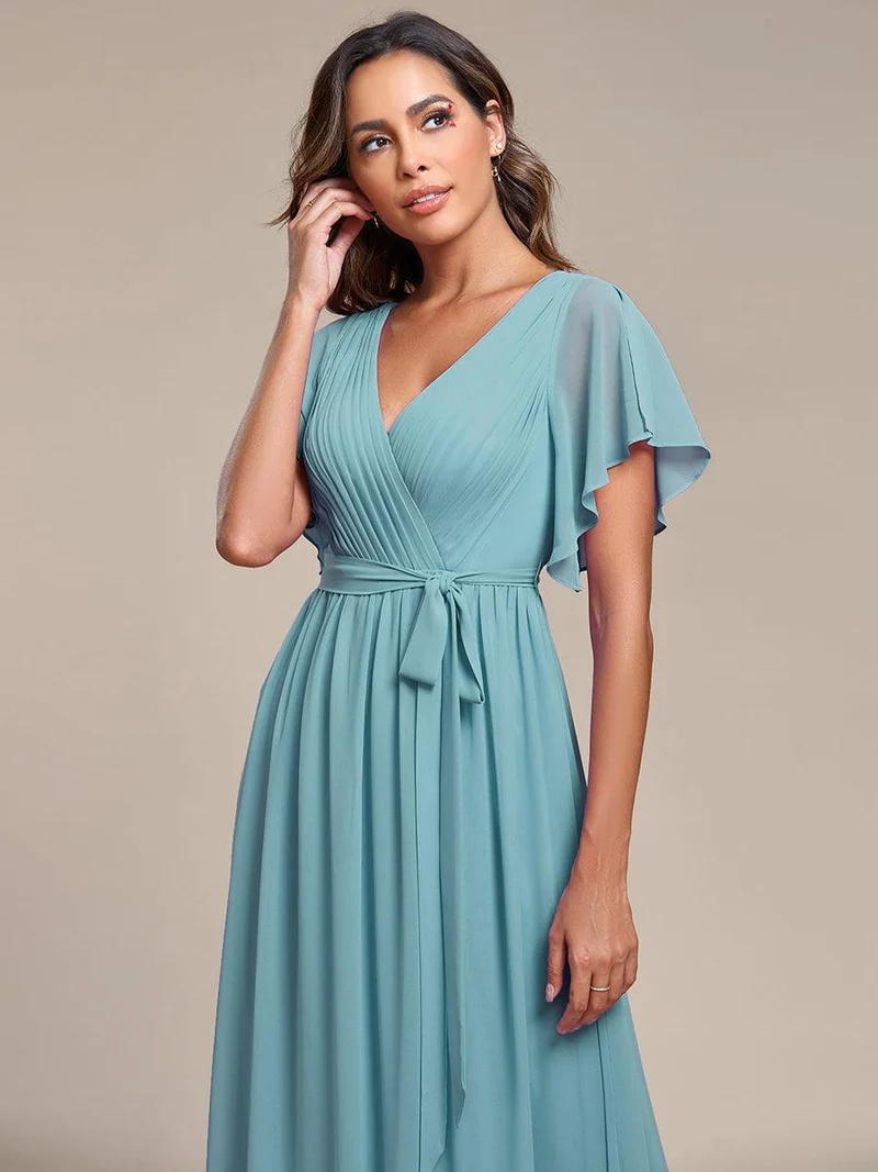 ever LEORA|Robe de soirée en mousseline de soie à col V et à manches flottantes