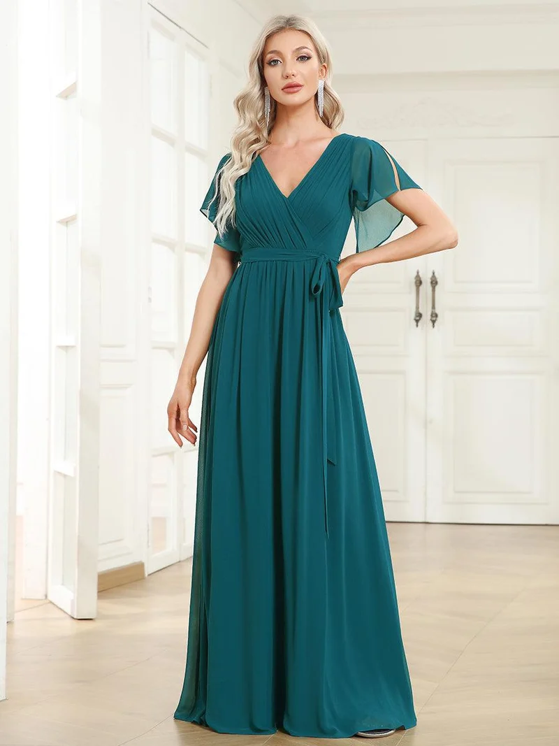 ever LEORA|Robe de soirée en mousseline de soie à col V et à manches flottantes