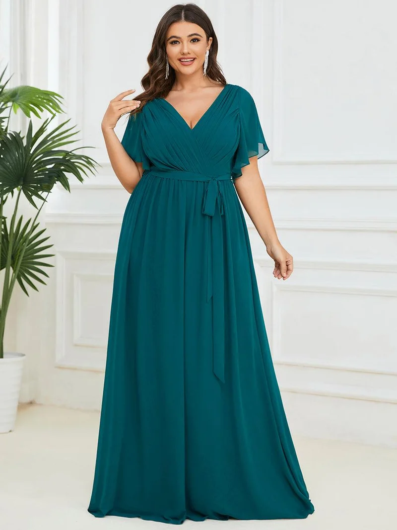 ever LEORA|Robe de soirée en mousseline de soie à col V et à manches flottantes