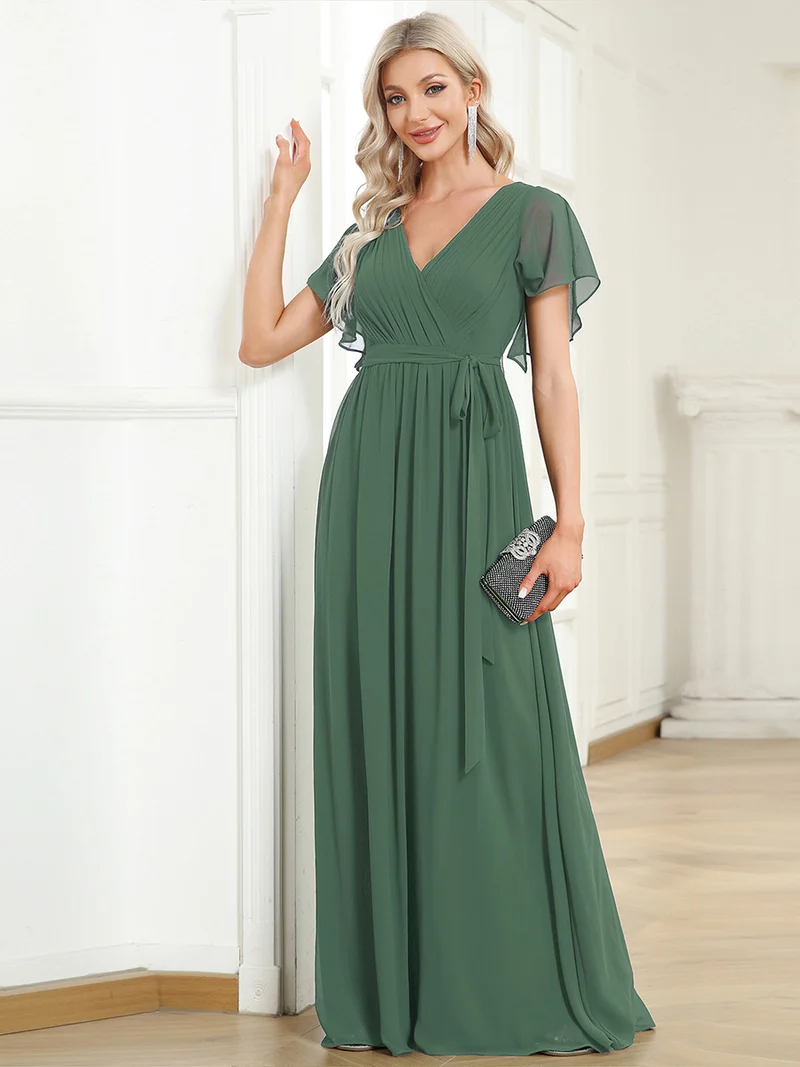 ever LEORA|Robe de soirée en mousseline de soie à col V et à manches flottantes