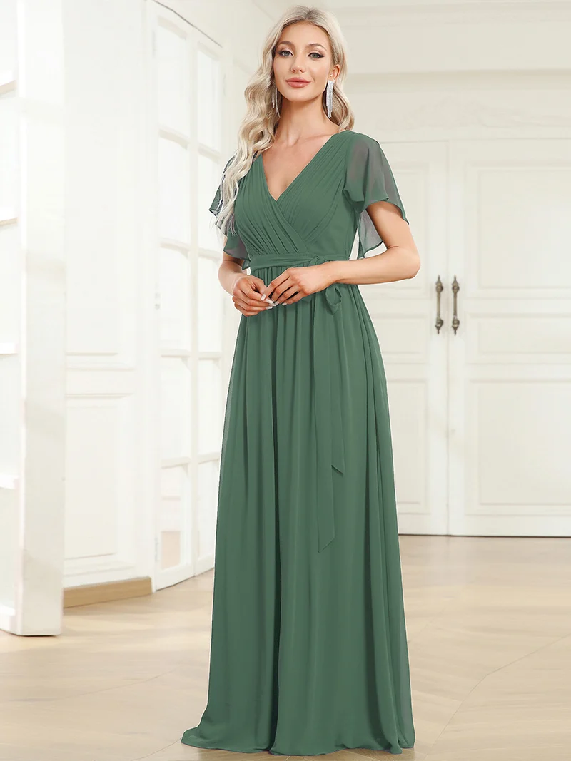 ever LEORA|Robe de soirée en mousseline de soie à col V et à manches flottantes