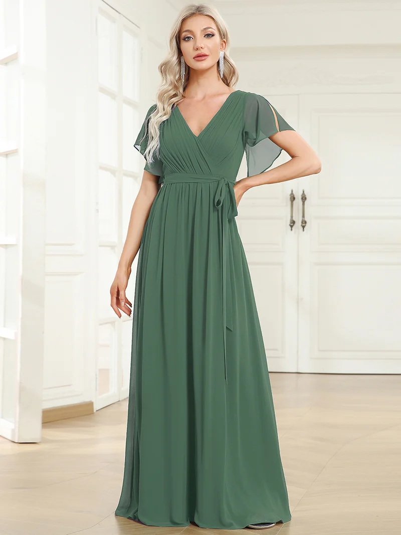 ever LEORA|Robe de soirée en mousseline de soie à col V et à manches flottantes