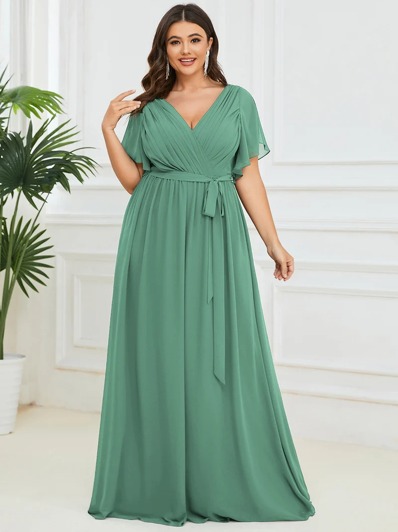 ever LEORA|Robe de soirée en mousseline de soie à col V et à manches flottantes