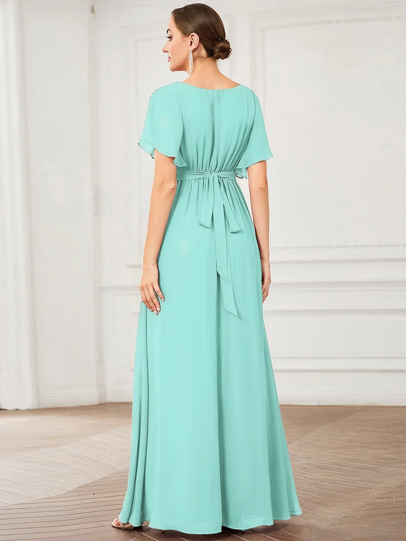 ever LEORA|Robe de soirée en mousseline de soie à col V et à manches flottantes