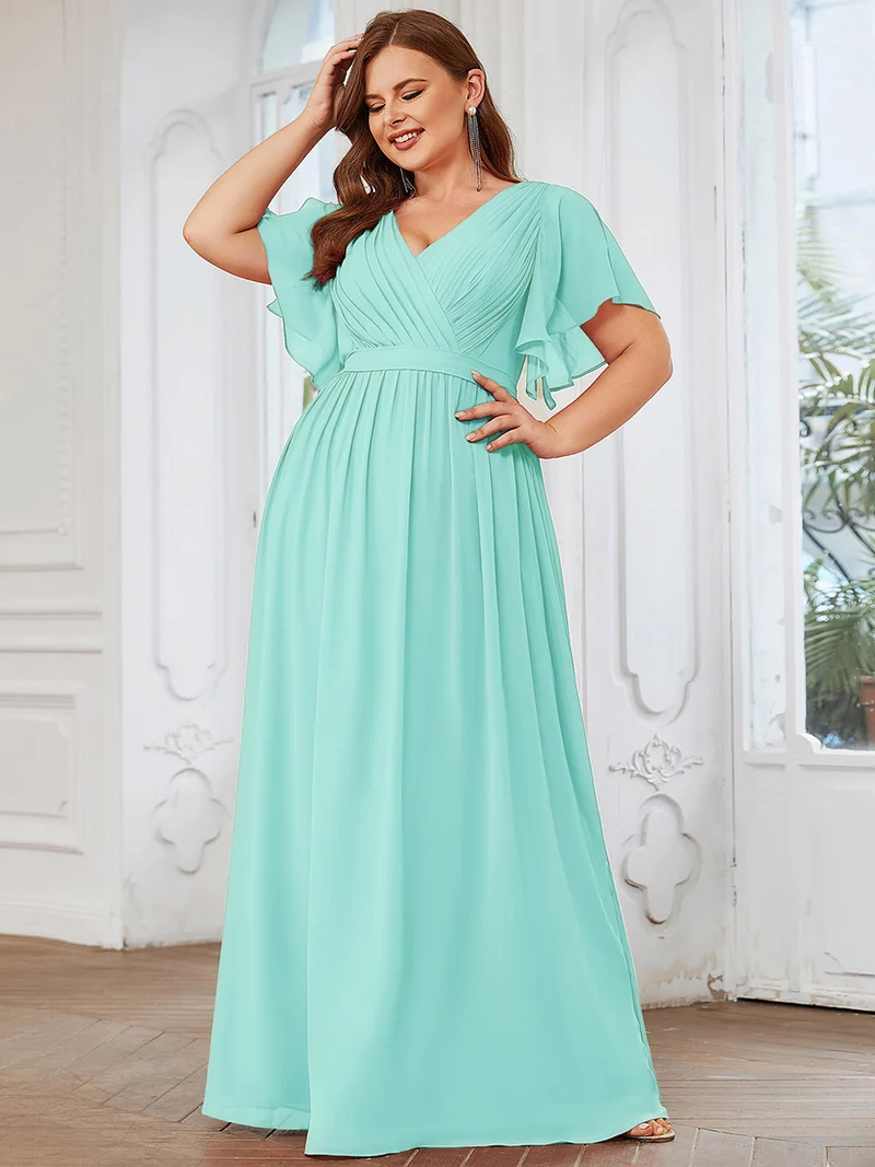 ever LEORA|Robe de soirée en mousseline de soie à col V et à manches flottantes