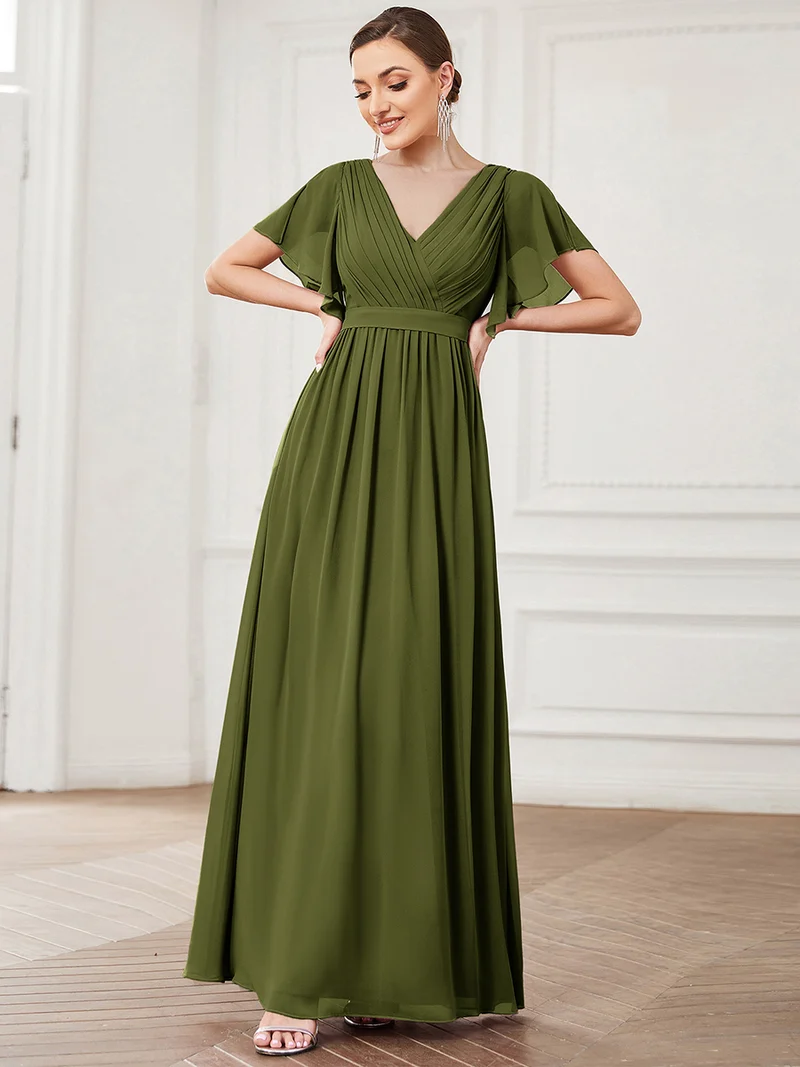 ever LEORA|Robe de soirée en mousseline de soie à col V et à manches flottantes
