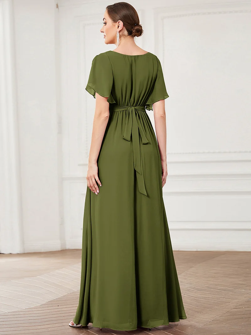 ever LEORA|Robe de soirée en mousseline de soie à col V et à manches flottantes