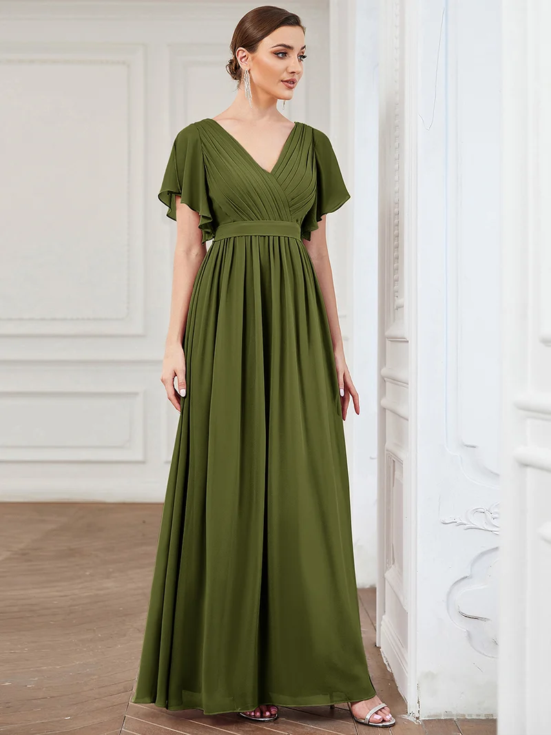 ever LEORA|Robe de soirée en mousseline de soie à col V et à manches flottantes