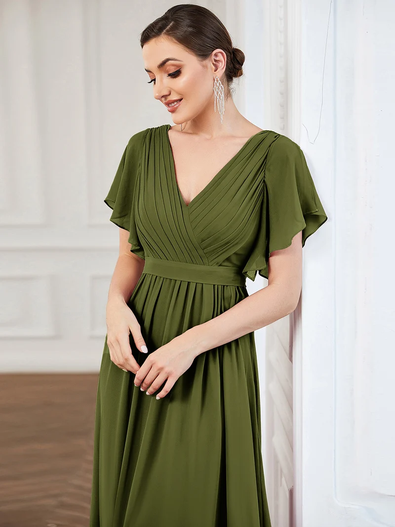 ever LEORA|Robe de soirée en mousseline de soie à col V et à manches flottantes