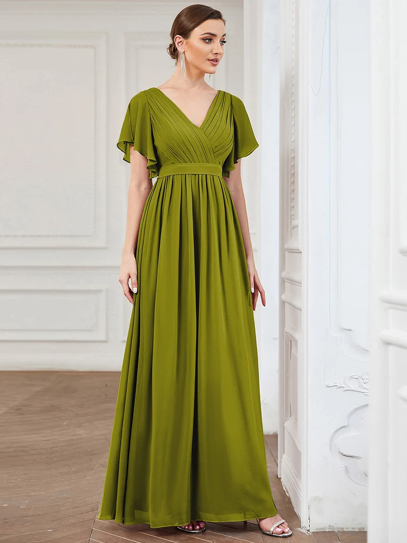 ever LEORA|Robe de soirée en mousseline de soie à col V et à manches flottantes
