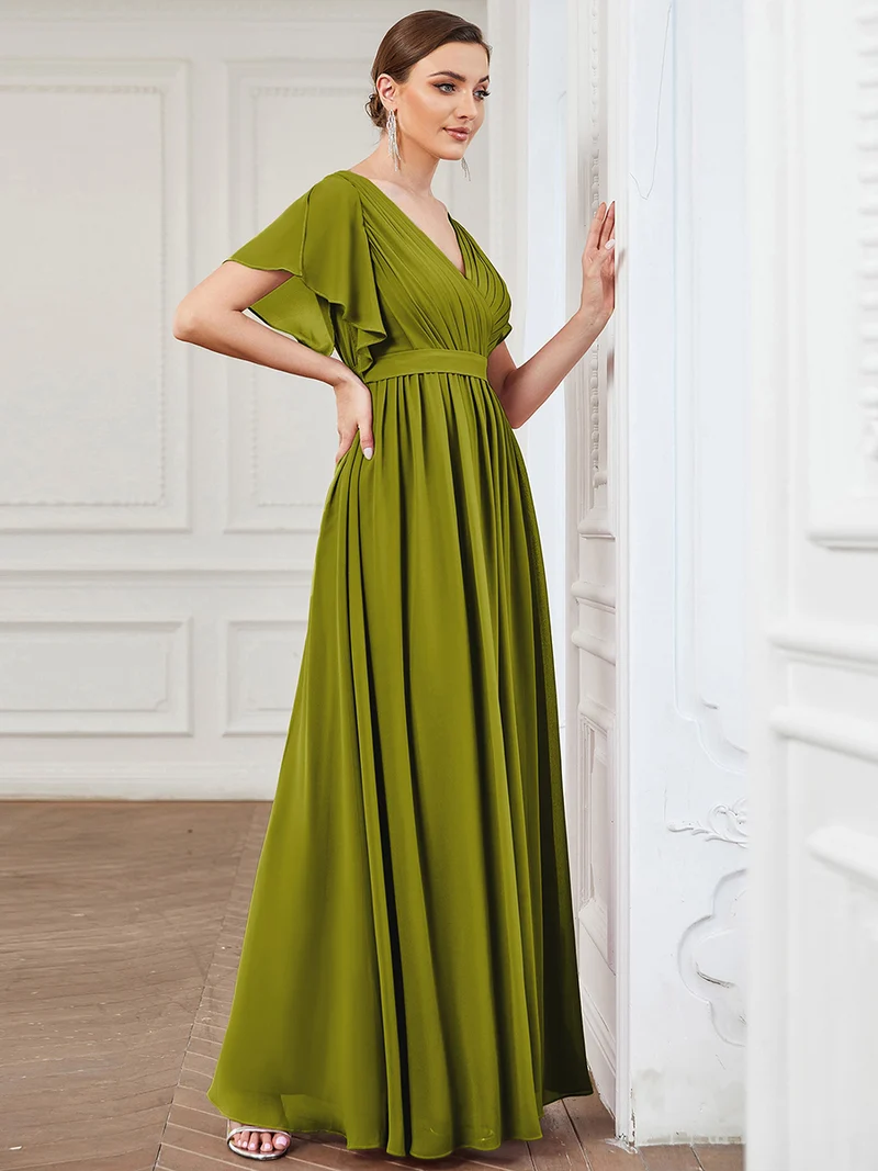 ever LEORA|Robe de soirée en mousseline de soie à col V et à manches flottantes