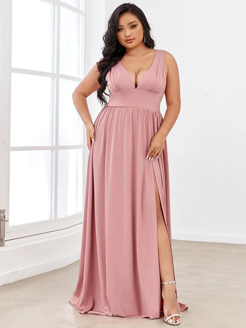 pretty SORAYA|Robe de soirée grande taille sans manches col en v empire fendue au sol