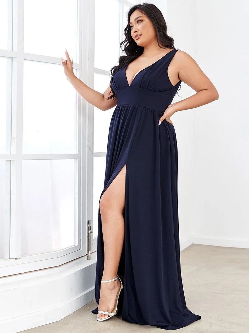 pretty SORAYA|Robe de soirée grande taille sans manches col en v empire fendue au sol