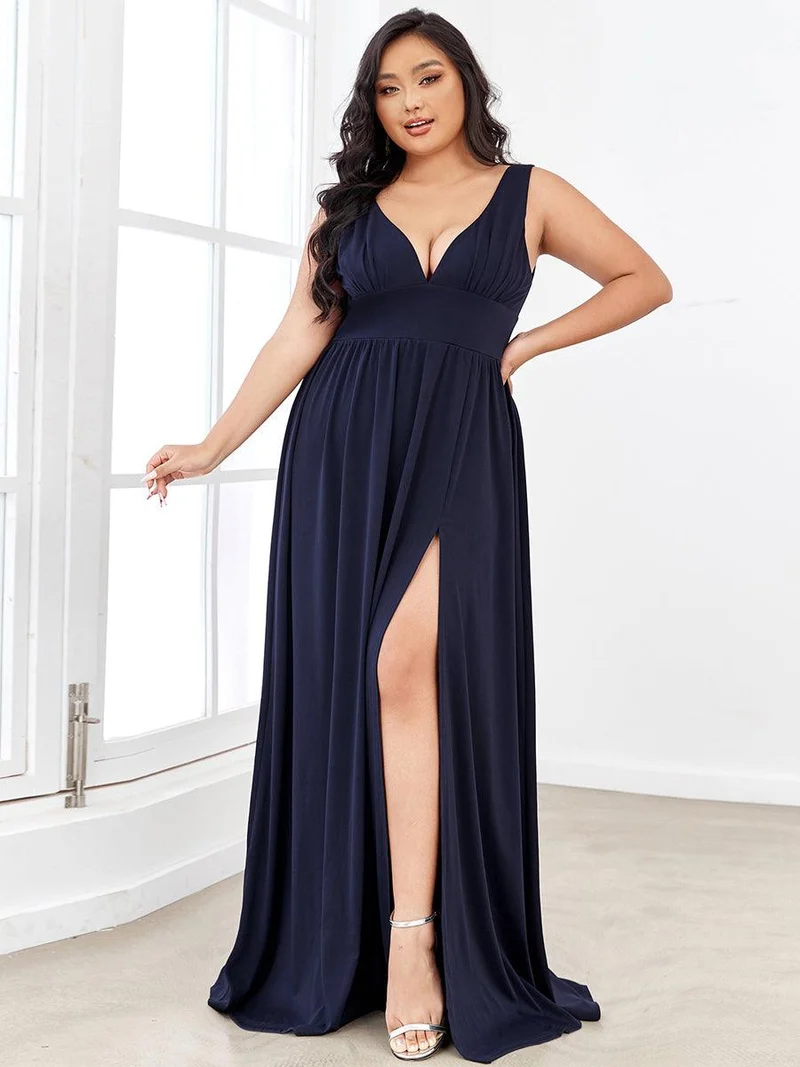 pretty SORAYA|Robe de soirée grande taille sans manches col en v empire fendue au sol