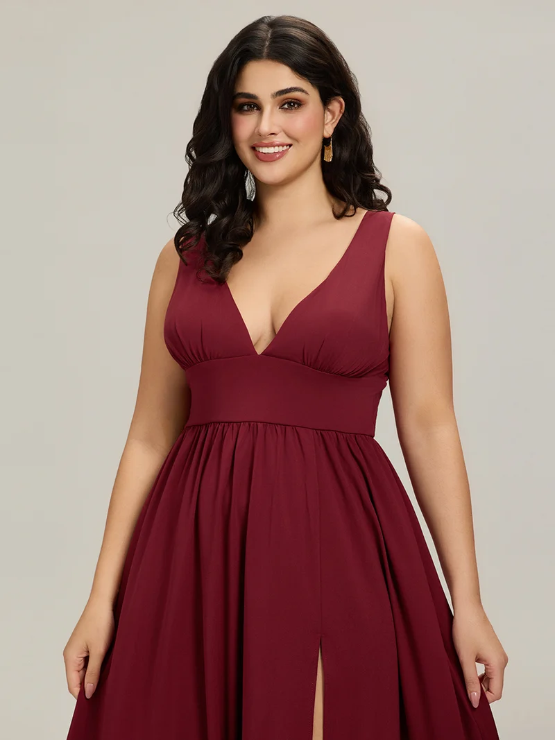 pretty SORAYA|Robe de soirée grande taille sans manches col en v empire fendue au sol