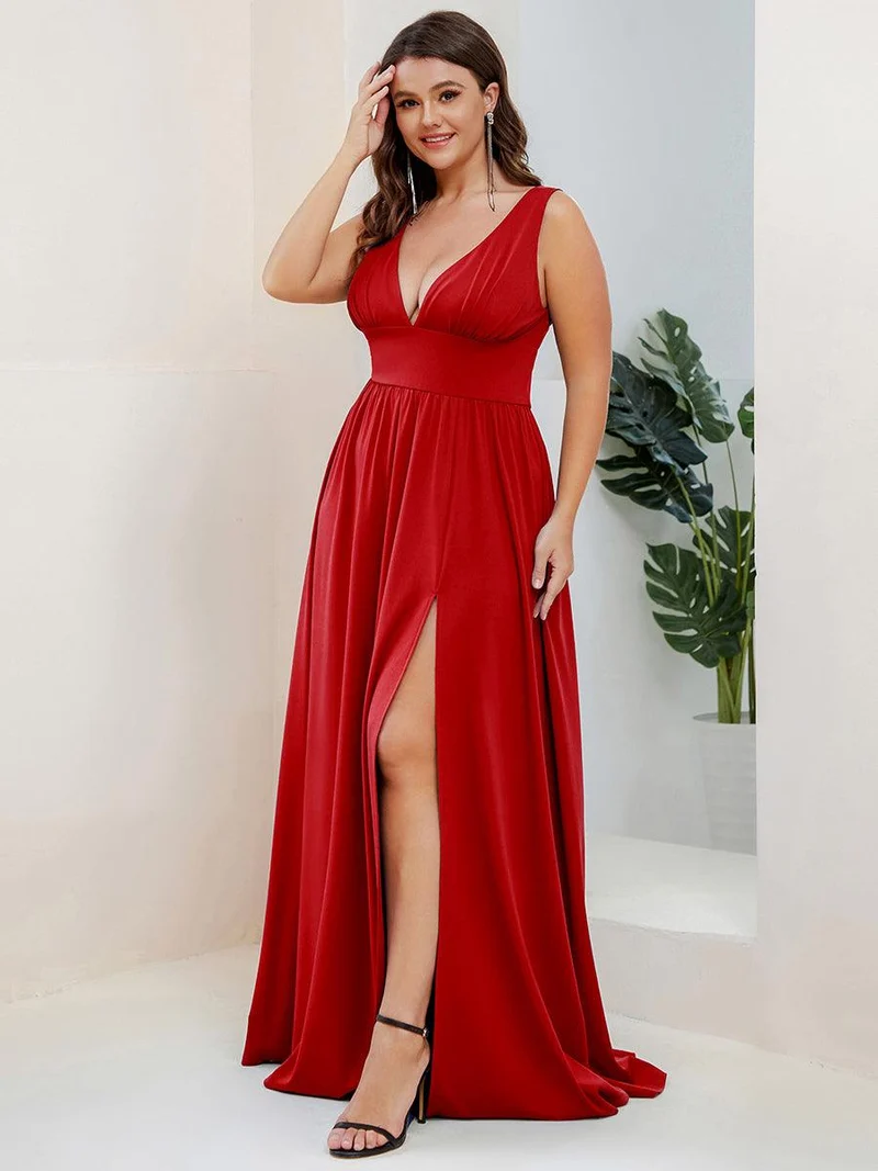 pretty SORAYA|Robe de soirée grande taille sans manches col en v empire fendue au sol