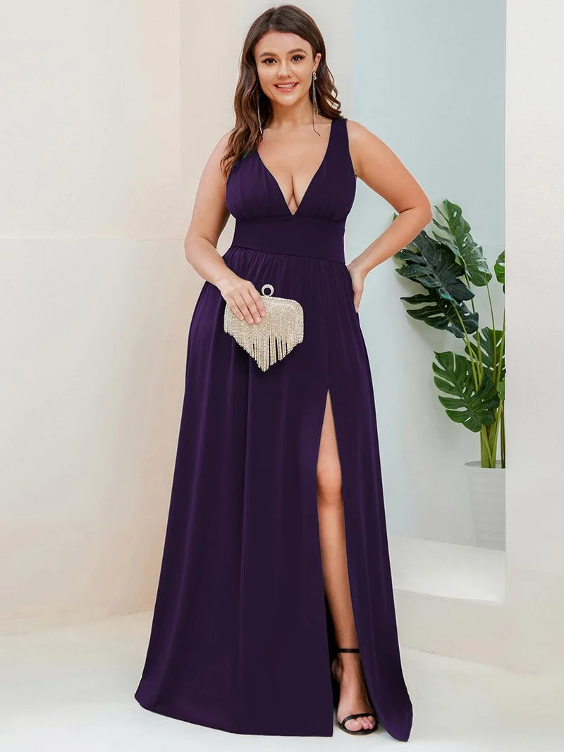 pretty SORAYA|Robe de soirée grande taille sans manches col en v empire fendue au sol