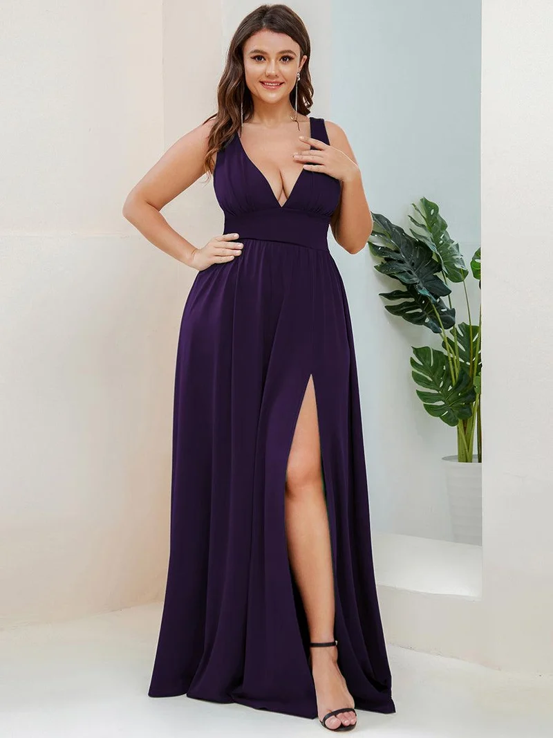 pretty SORAYA|Robe de soirée grande taille sans manches col en v empire fendue au sol