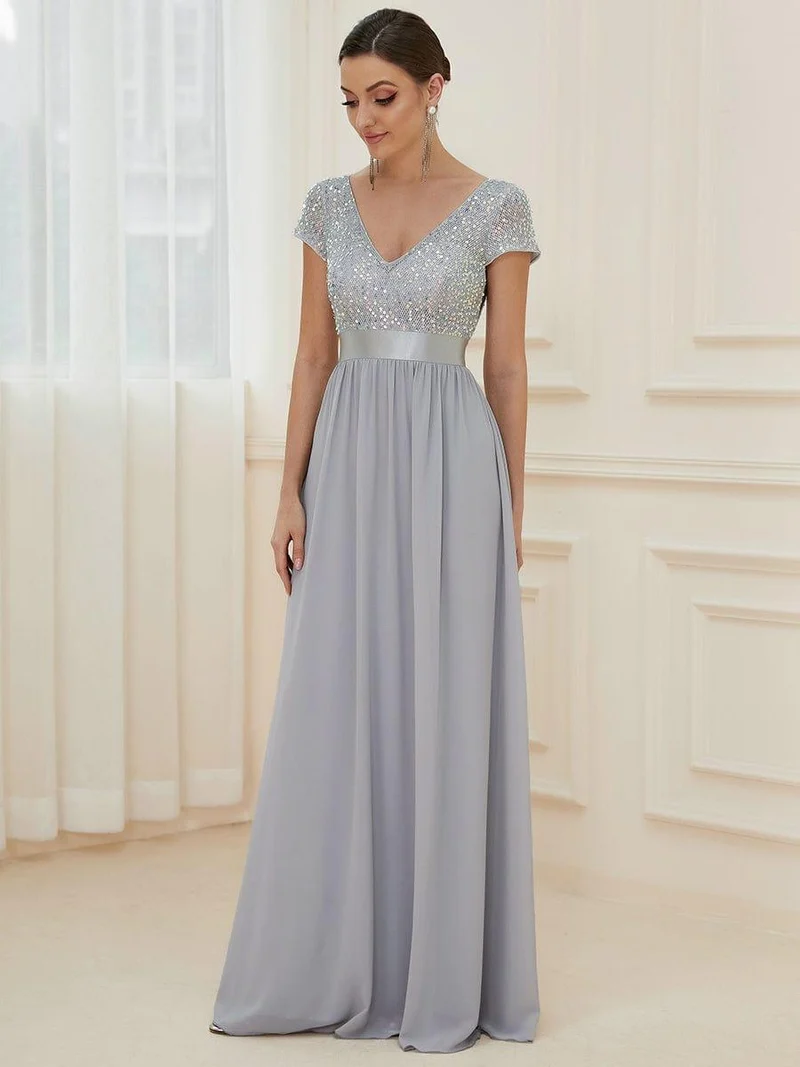 ever MIRAGE|Robe de soirée taille empire à sequins et mousseline à encolure en V