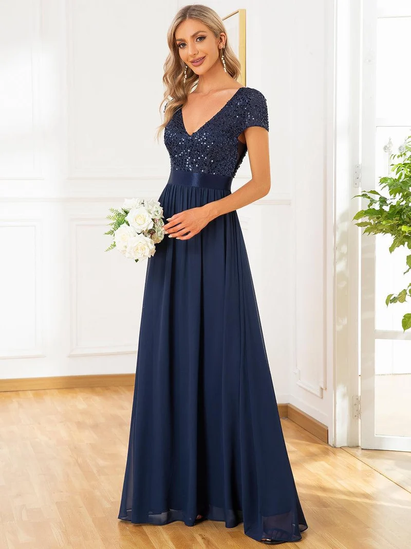 ever MIRAGE|Robe de soirée taille empire à sequins et mousseline à encolure en V