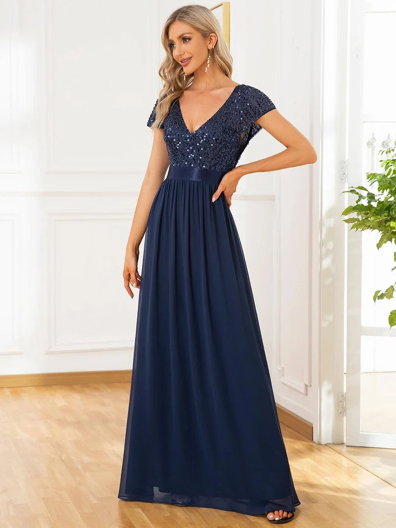 ever MIRAGE|Robe de soirée taille empire à sequins et mousseline à encolure en V