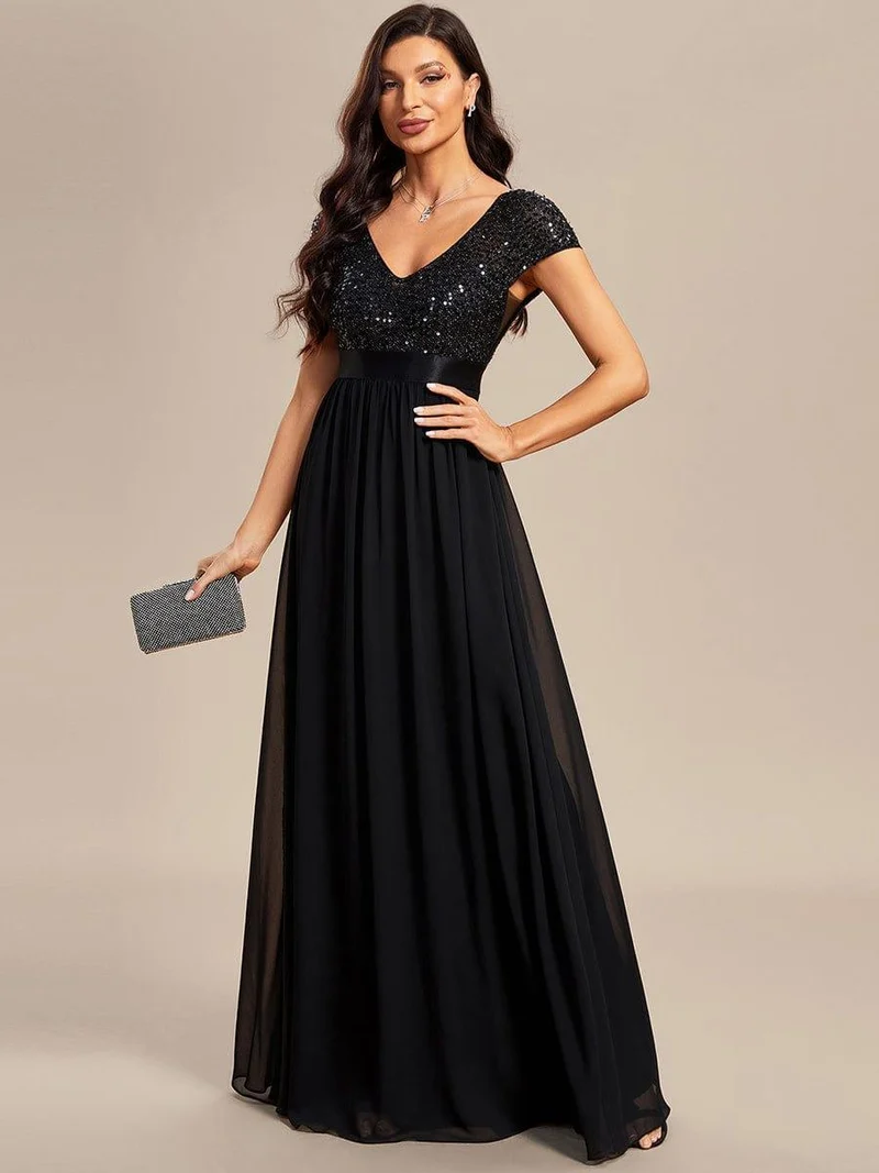 ever MIRAGE|Robe de soirée taille empire à sequins et mousseline à encolure en V