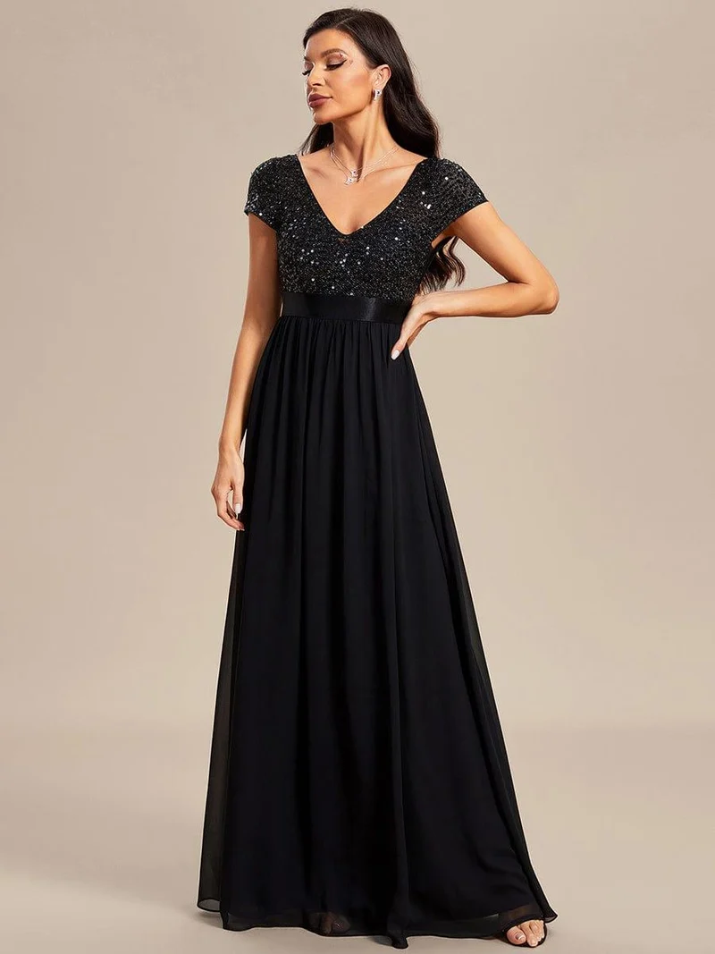 ever MIRAGE|Robe de soirée taille empire à sequins et mousseline à encolure en V