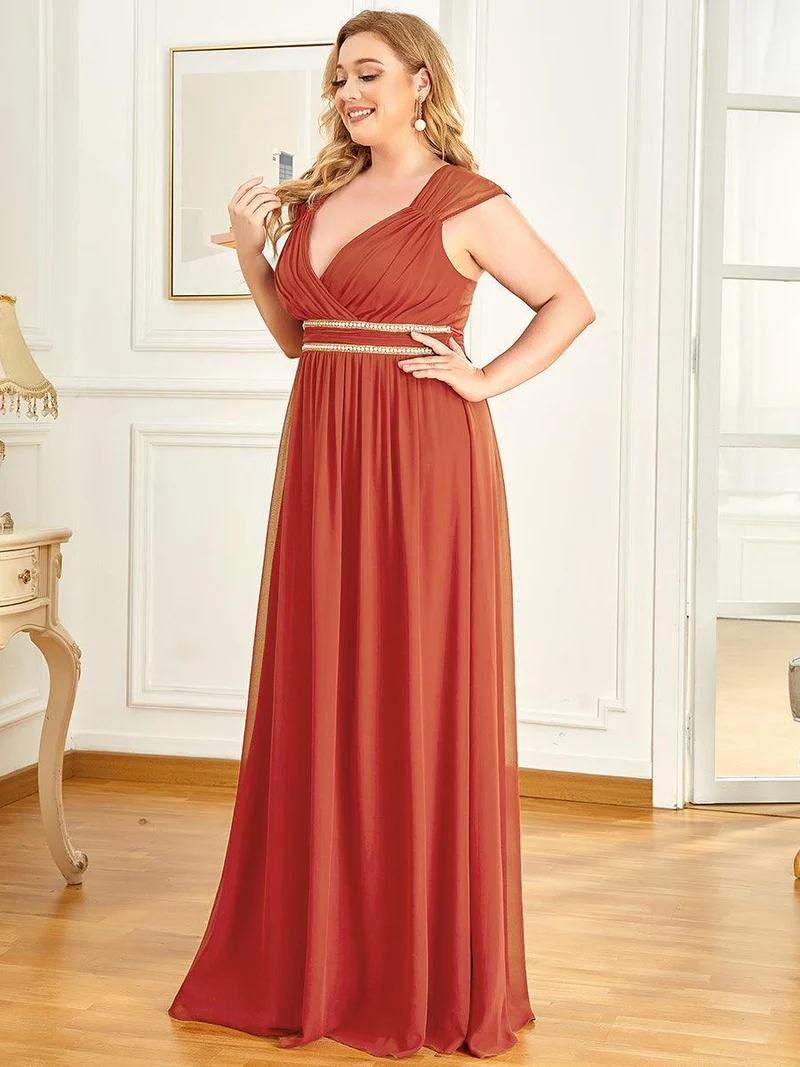 Robe de Soirée A-ligne en Mousseline de Soie avec Ceinture Perlée et Col en V de Grande Taille(Vente finale)