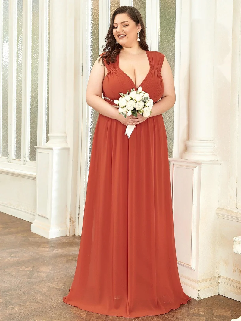 Robe de Soirée A-ligne en Mousseline de Soie avec Ceinture Perlée et Col en V de Grande Taille(Vente finale)