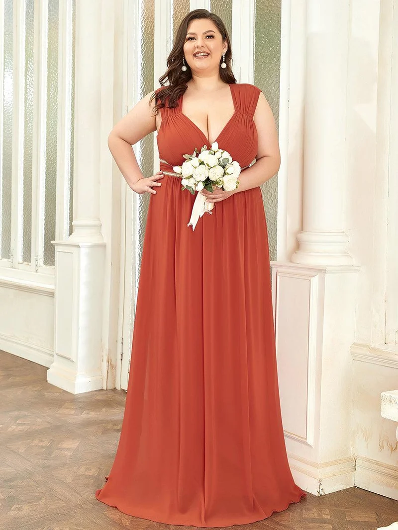 Robe de Soirée A-ligne en Mousseline de Soie avec Ceinture Perlée et Col en V de Grande Taille(Vente finale)