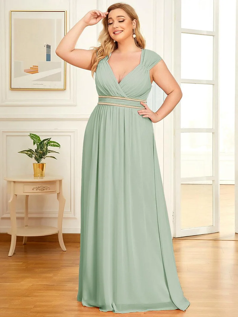 Robe de Soirée A-ligne en Mousseline de Soie avec Ceinture Perlée et Col en V de Grande Taille(Vente finale)