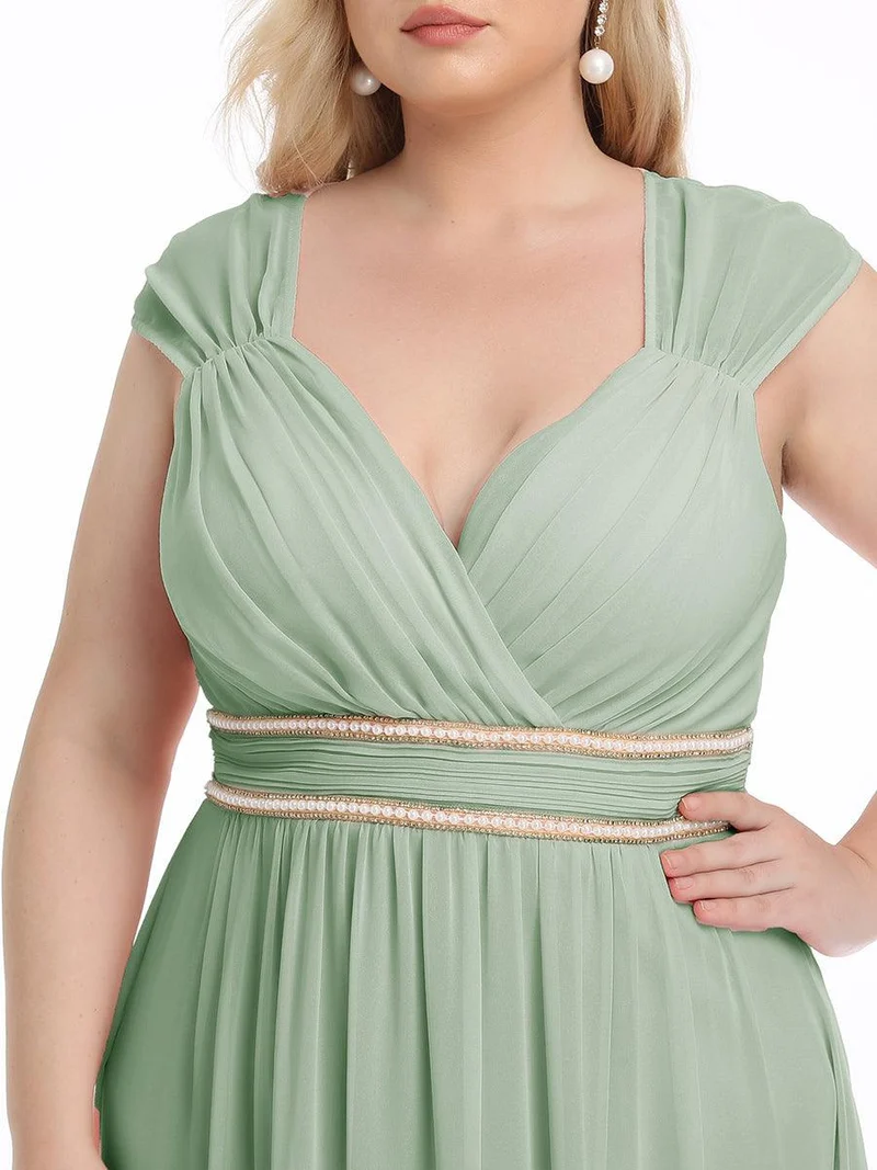 Robe de Soirée A-ligne en Mousseline de Soie avec Ceinture Perlée et Col en V de Grande Taille(Vente finale)