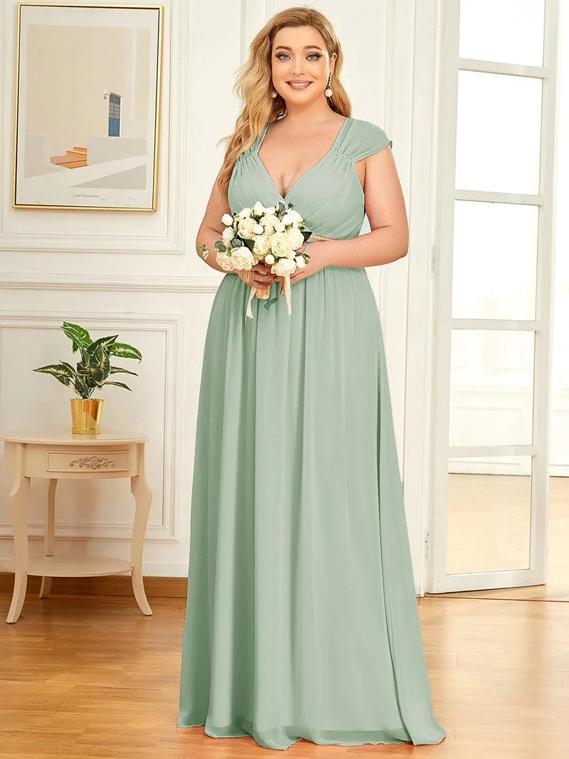 Robe de Soirée A-ligne en Mousseline de Soie avec Ceinture Perlée et Col en V de Grande Taille(Vente finale)