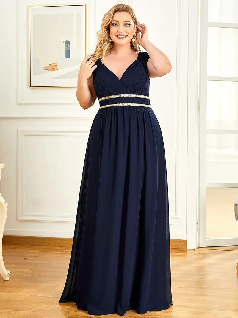 Robe de Soirée A-ligne en Mousseline de Soie avec Ceinture Perlée et Col en V de Grande Taille(Vente finale)