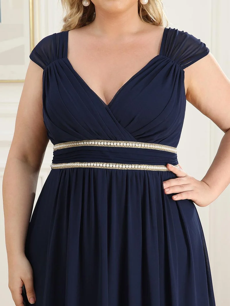 Robe de Soirée A-ligne en Mousseline de Soie avec Ceinture Perlée et Col en V de Grande Taille(Vente finale)