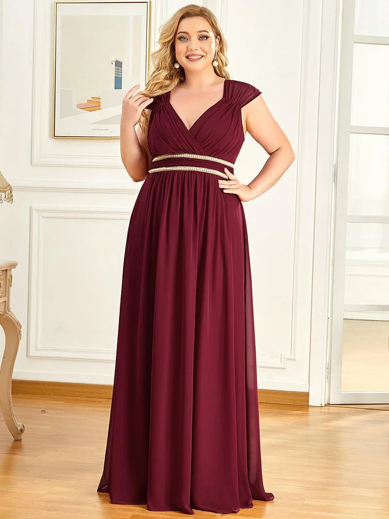 Robe de Soirée A-ligne en Mousseline de Soie avec Ceinture Perlée et Col en V de Grande Taille(Vente finale)