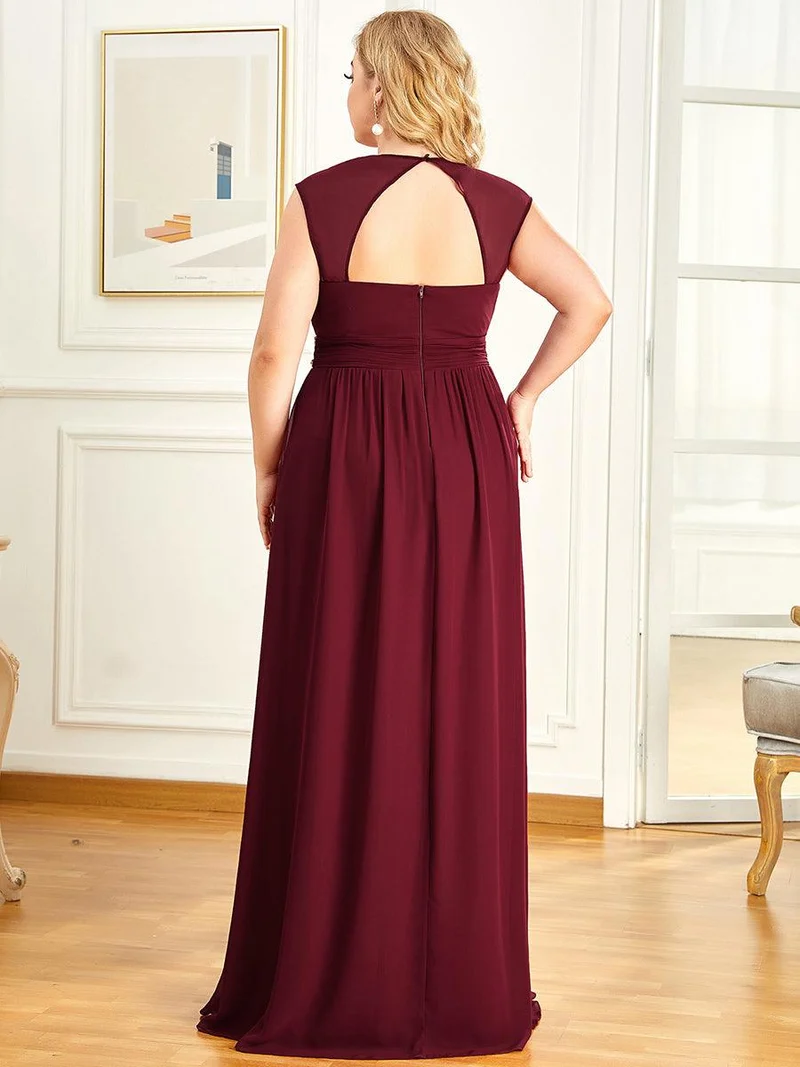 Robe de Soirée A-ligne en Mousseline de Soie avec Ceinture Perlée et Col en V de Grande Taille(Vente finale)