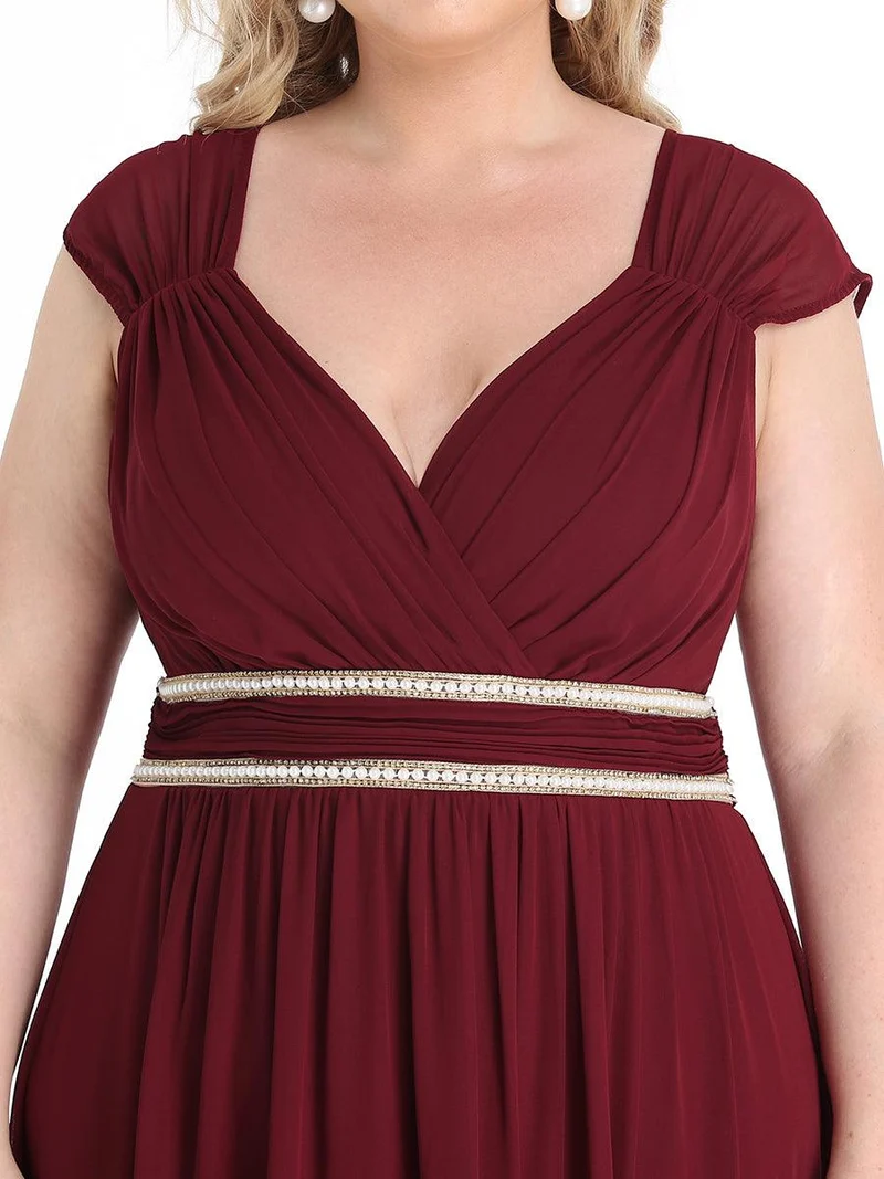 Robe de Soirée A-ligne en Mousseline de Soie avec Ceinture Perlée et Col en V de Grande Taille(Vente finale)