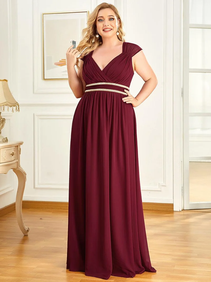 Robe de Soirée A-ligne en Mousseline de Soie avec Ceinture Perlée et Col en V de Grande Taille(Vente finale)