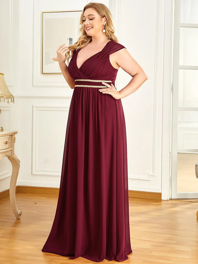 Robe de Soirée A-ligne en Mousseline de Soie avec Ceinture Perlée et Col en V de Grande Taille(Vente finale)