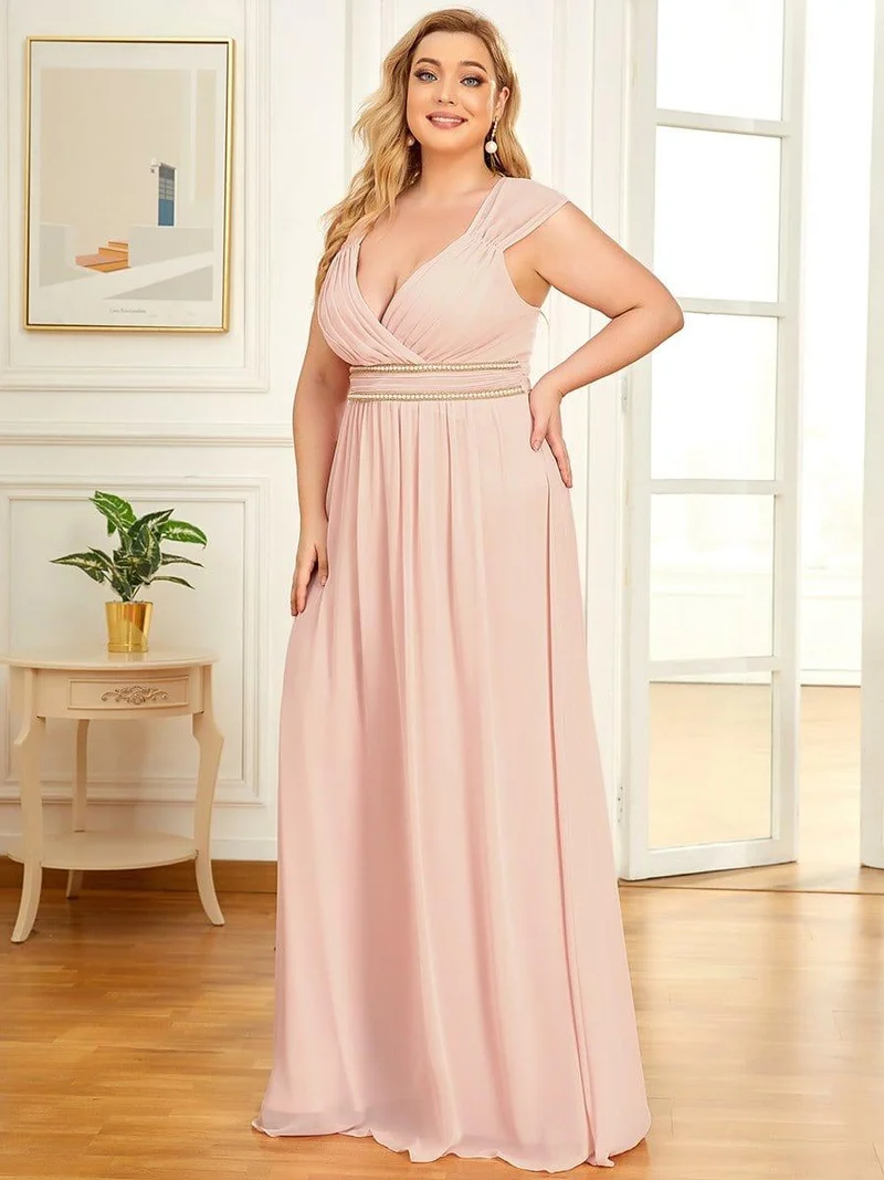 Robe de Soirée A-ligne en Mousseline de Soie avec Ceinture Perlée et Col en V de Grande Taille(Vente finale)
