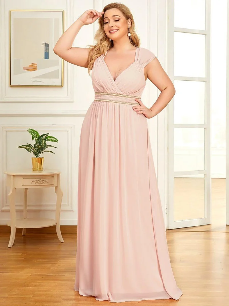 Robe de Soirée A-ligne en Mousseline de Soie avec Ceinture Perlée et Col en V de Grande Taille(Vente finale)