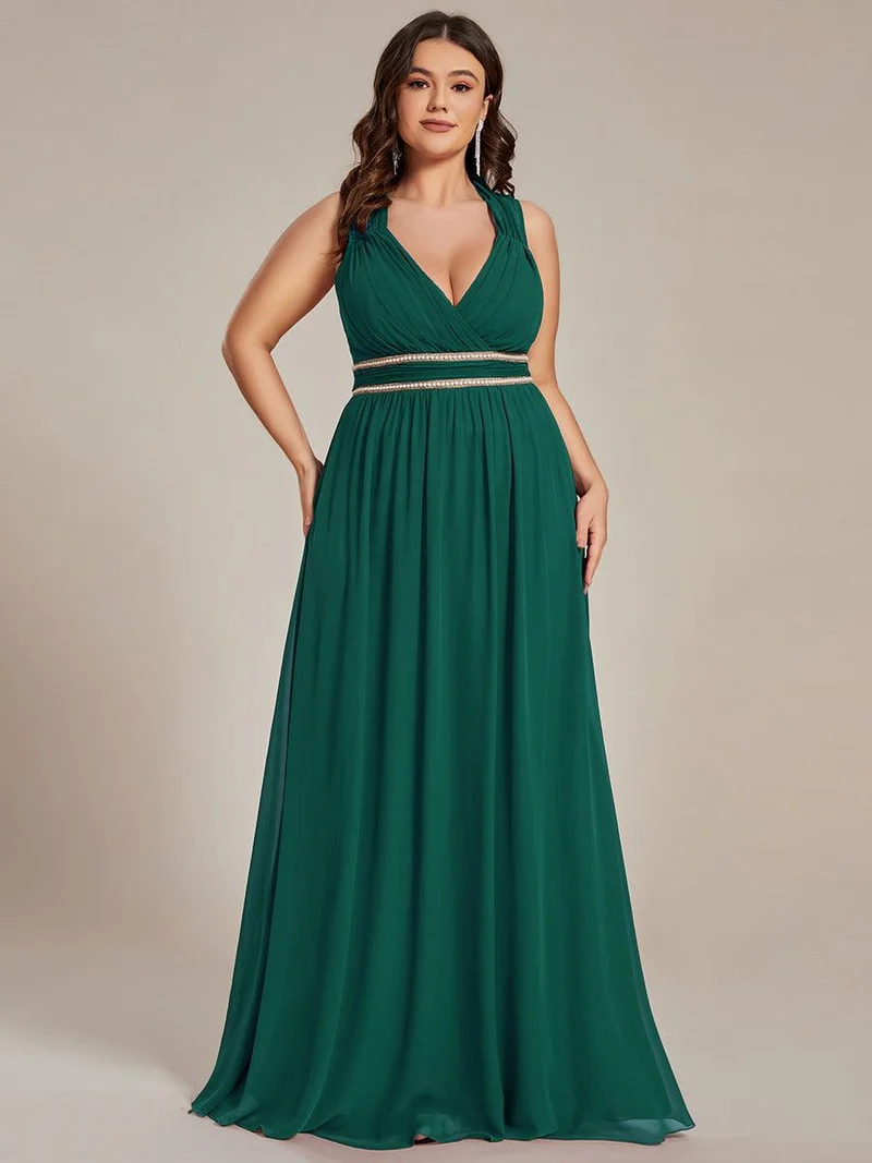 Robe de Soirée A-ligne en Mousseline de Soie avec Ceinture Perlée et Col en V de Grande Taille(Vente finale)