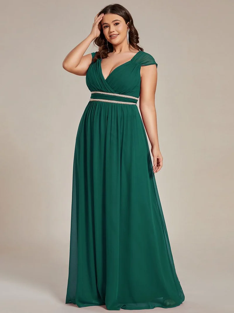 Robe de Soirée A-ligne en Mousseline de Soie avec Ceinture Perlée et Col en V de Grande Taille(Vente finale)
