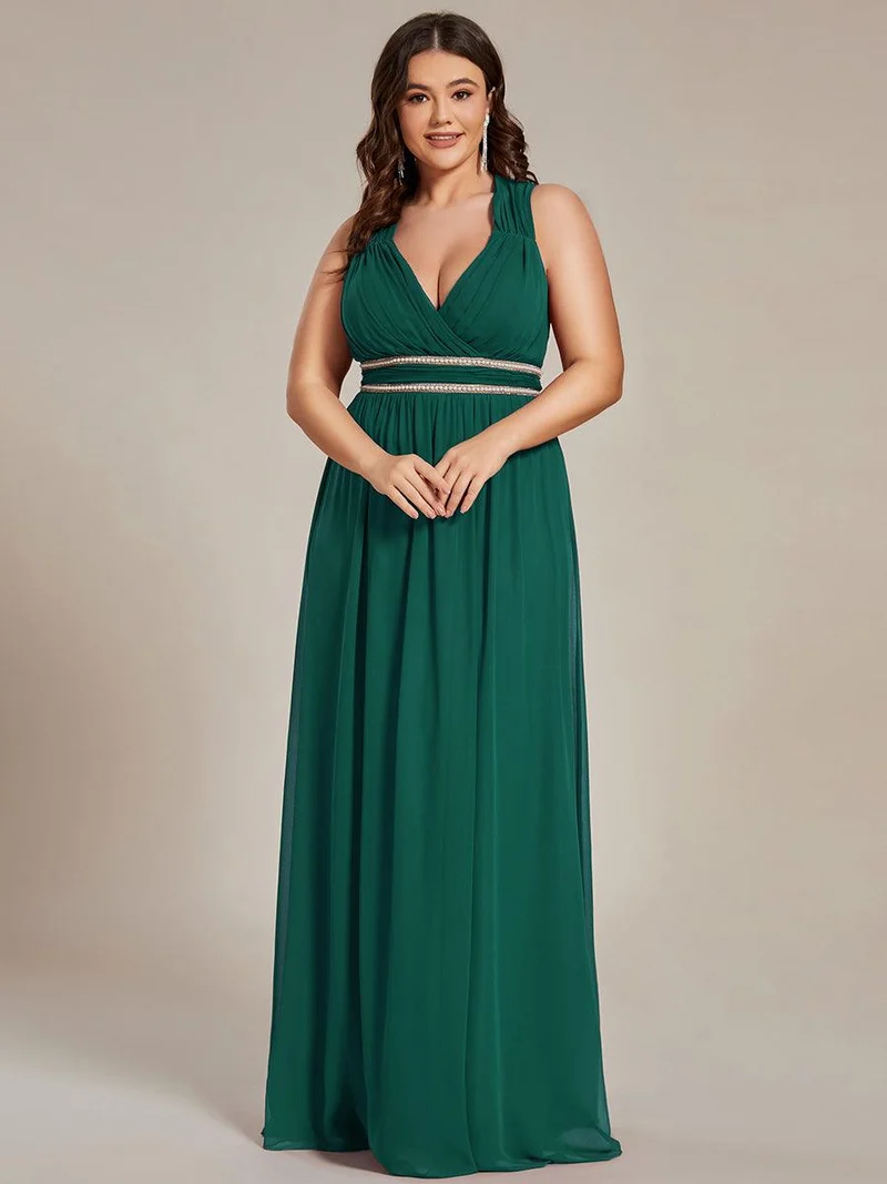 Robe de Soirée A-ligne en Mousseline de Soie avec Ceinture Perlée et Col en V de Grande Taille(Vente finale)