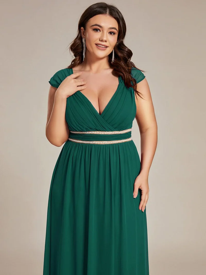 Robe de Soirée A-ligne en Mousseline de Soie avec Ceinture Perlée et Col en V de Grande Taille(Vente finale)