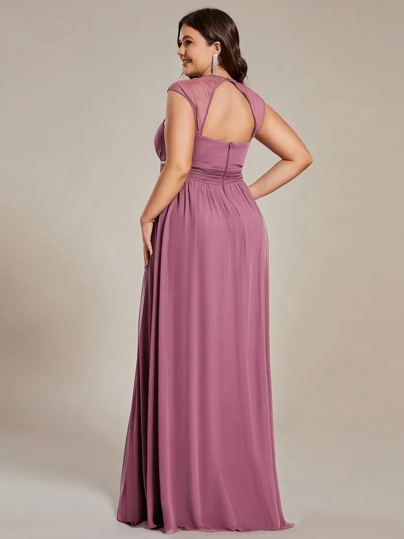 Robe de Soirée A-ligne en Mousseline de Soie avec Ceinture Perlée et Col en V de Grande Taille(Vente finale)