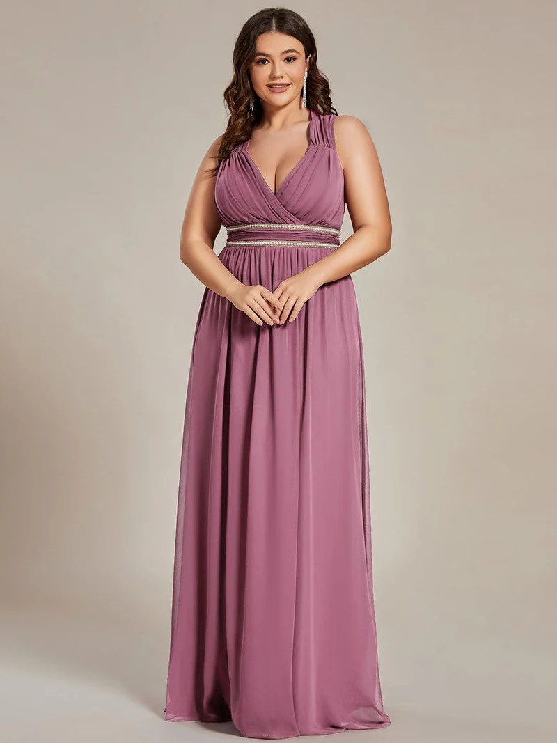 Robe de Soirée A-ligne en Mousseline de Soie avec Ceinture Perlée et Col en V de Grande Taille(Vente finale)